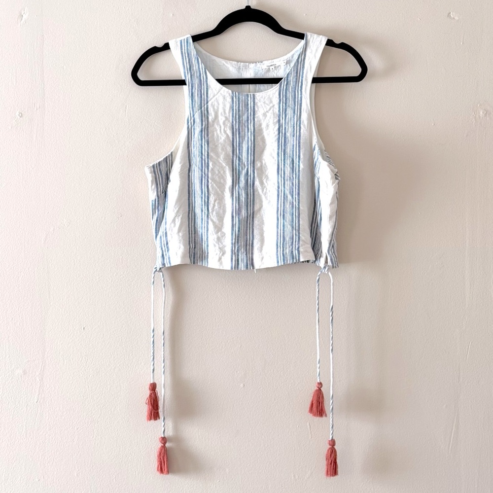 Tularamosa white and blue striped crop top with tassels